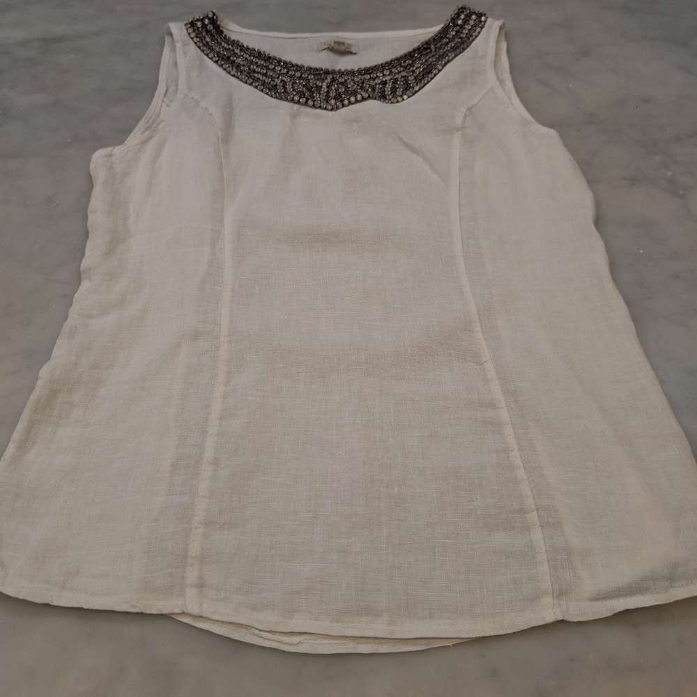 Lina Tomei Sleeveless White Linen Top Beaded Metal Neckline Sz S Rib Tank Boho - Picture 2 of 9